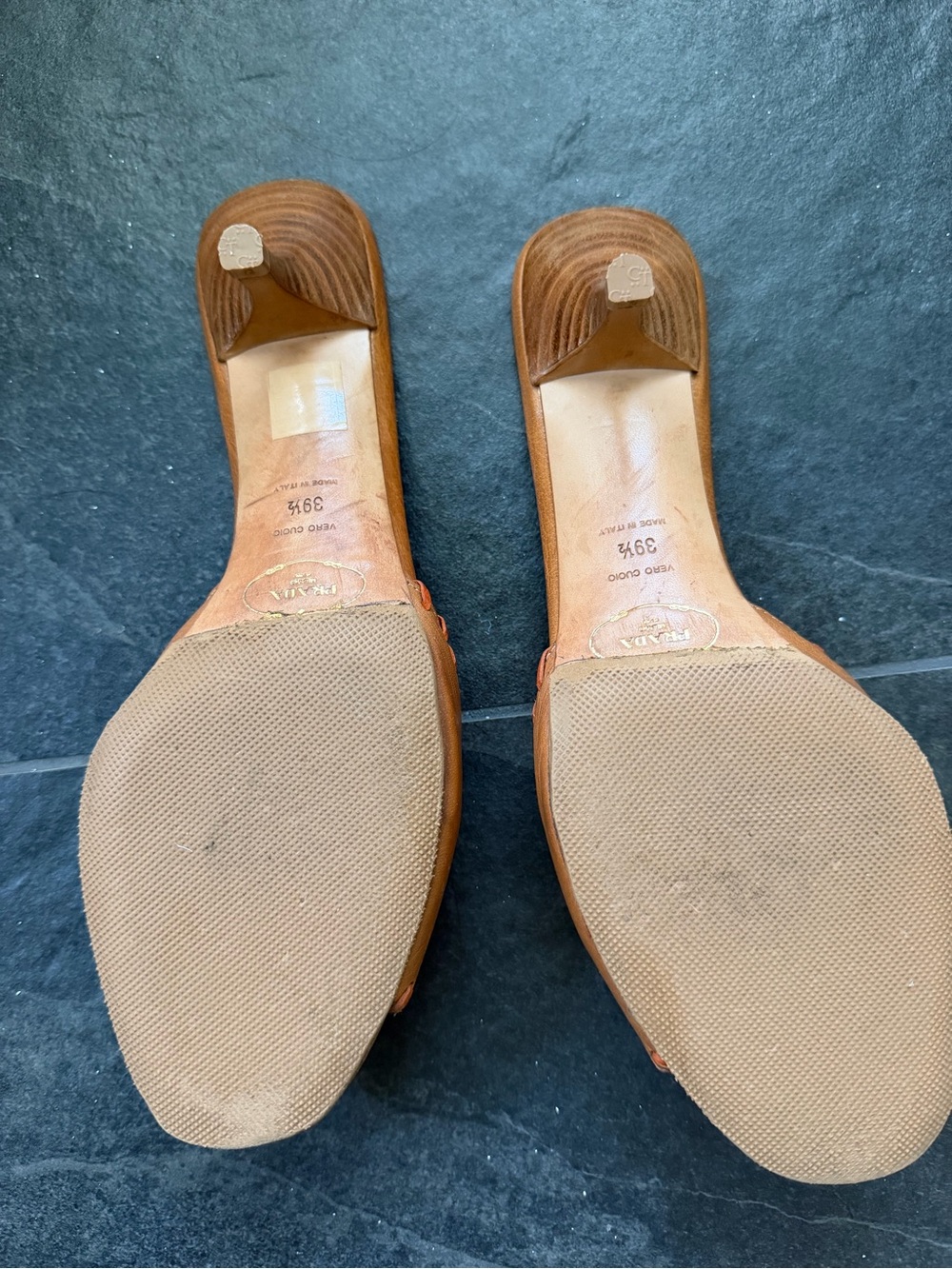 Prada Women’s tiger’s eye Tan Leather Embellished kitten heel sandals - Picture 3 of 3